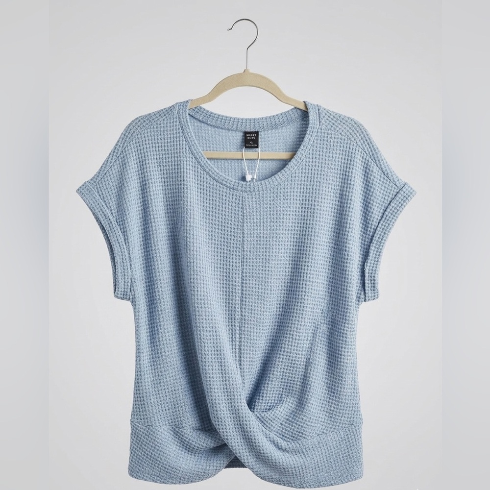 Emery Rose Light Blue Waffle Knit Twist Front Top XL